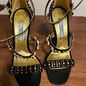 Prada Black and Gold Stiletto Heels with Studded Straps